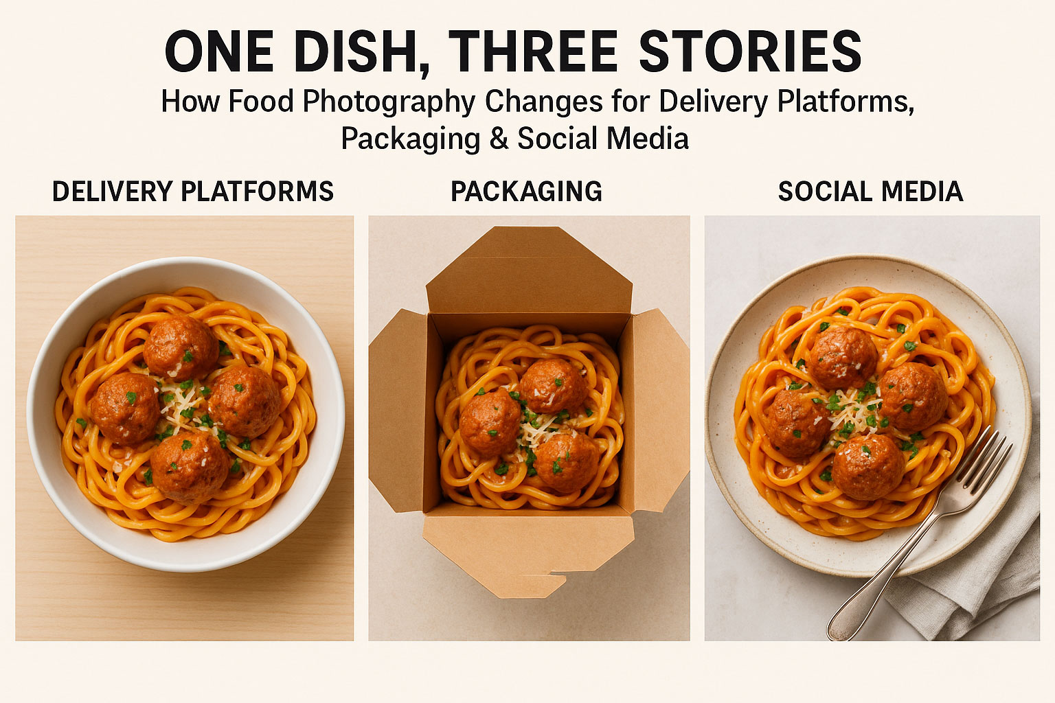 One Dish, Three Stories: How Food Photography Changes for Delivery Platforms, Packaging & Social Media